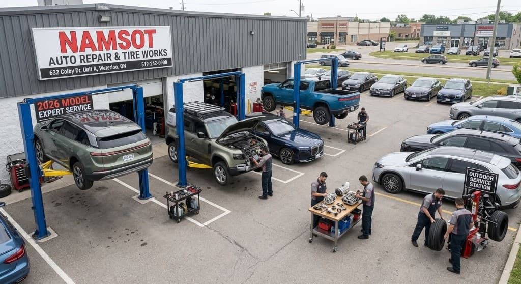 Namsot Auto Repair outdoor service area with premium vehicles and shop signage at 632 Colby Dr, Waterloo