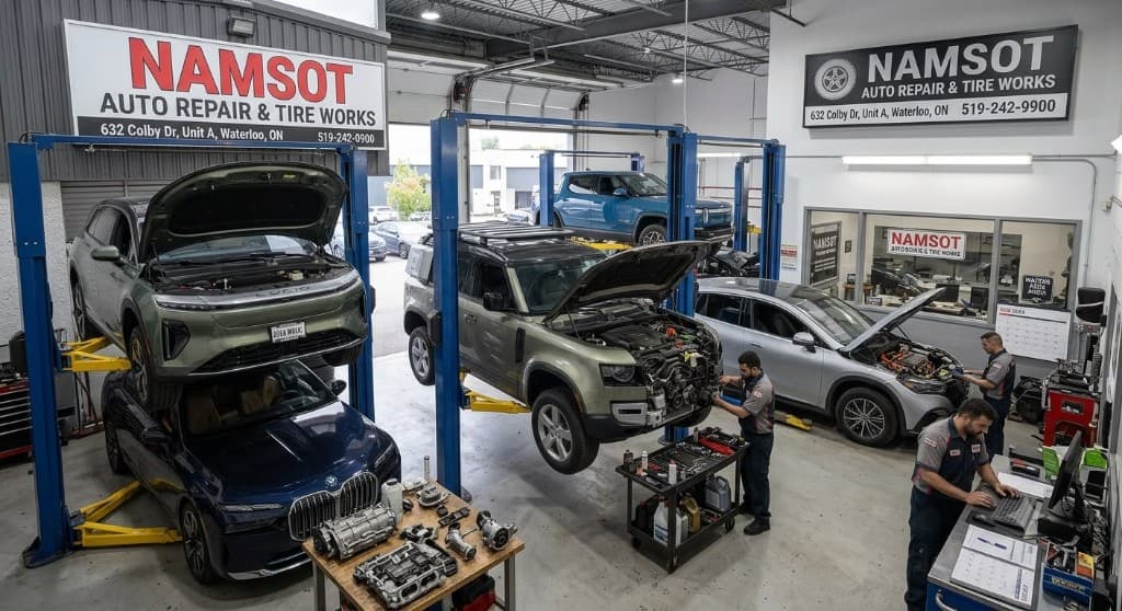 Namsot workshop with Lucid, BMW, Land Rover, and Rivian vehicles on lifts